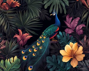 Tropical forest with peacock, parrot, palm tree, plants, dark jungle seamless pattern illustration