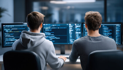 Two young men working together on computer programming with multiple monitors displaying code in modern office, focused and collaborative