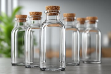 A minimalist still life featuring a row of elegant glass bottles, each stoppered with a natural cork, standing gracefully on a sleek surface against a soft background.