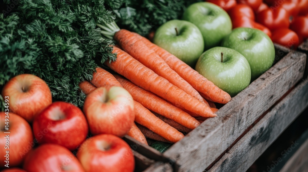 Poster close-up view of assorted fresh produce displayed at a farmers market, featuring green apples, carro