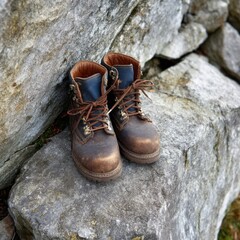 Worn leather hiking boots resting on a large rock outdoors eye level shot adventure footwear equipment