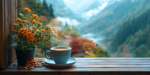 Mountain View Coffee Break: A steaming cup of coffee sits on a wooden windowsill, overlooking a breathtaking mountain valley ablaze with autumn colors.