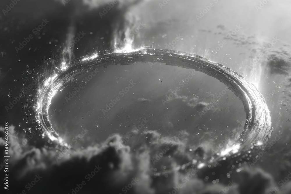 Aufkleber a monochrome abstract digital rendering of a circular structure surrounded by clouds, displaying int