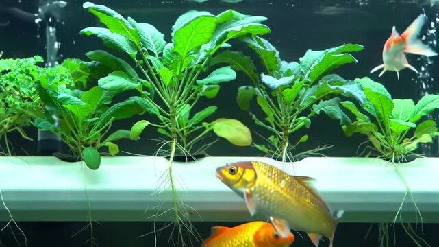 Aquaponics System Fish Swimming With Plants Growing Under Water