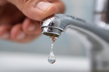 Close-up shot of a leaky faucet with water droplets, a hand about to turn it off, highlighting water conservation and plumbing repair concepts, indoor bathroom scene.