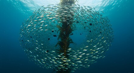 School of fish swimming around kelp forest in ocean water underwater marine life scene