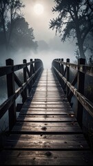 Fototapeta premium Wooden bridge leading into the misty forest under a full moon at night with atmospheric fog.