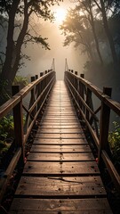 Wooden bridge in a misty forest leads towards bright sunlight creating a beautiful natural scene