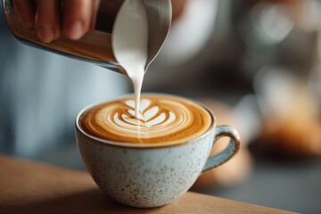 Pouring creamy milk into a cup of coffee with latte art, creating a delicious beverage in a cozy cafe, ready to be enjoyed in a relaxing atmosphere.
