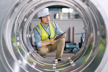 asian male engineer working on digital tablet in factory of fan