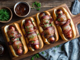 Overhead close-up of bacon-wrapped hot dogs in buns on wooden board with sauce and herbs for food photography
