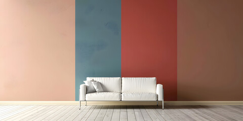 Colorful wall with modern sofa: A contemporary interior design showcases a white sofa against a backdrop of vibrantly painted walls in a modern apartment.