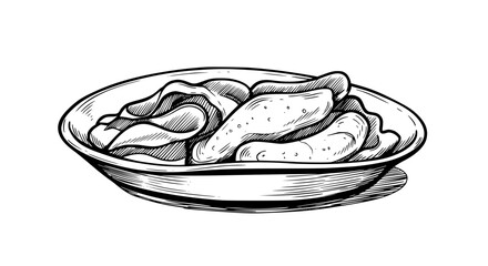 Detailed Ink Illustration of Fried Chicken Pieces in a Bowl - Line Art Vector 