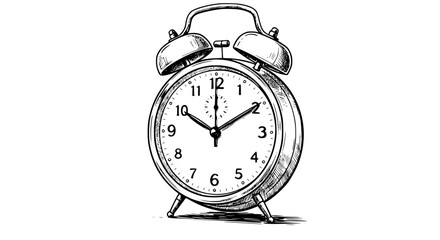 Detailed Sketch of a Classic Alarm Clock with Bells and Hour Markings - Line Art Vector 