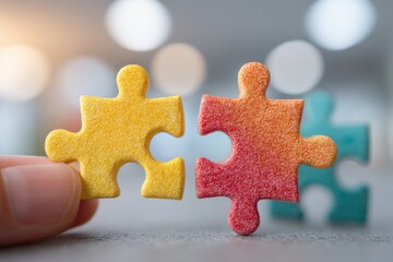 Connecting the dots: A close-up shot of colorful puzzle pieces being joined together, symbolizing unity, teamwork, and problem-solving to achieve a common goal.