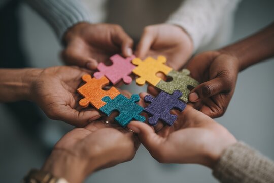 Diverse hands holding colorful puzzle pieces together, representing unity, teamwork, problem-solving, and connection to achieve common goals and objectives.