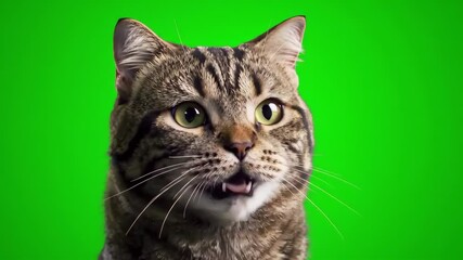 Expressive cgi tabby cat talking and making faces on green screen - funny pet animation for vfx compositing - Powered by Adobe