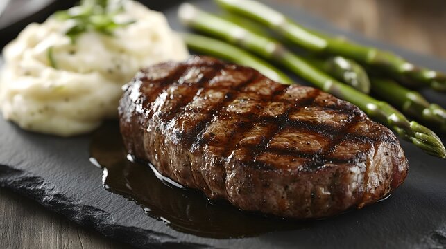 Grilled steak with mashed potatoes and asparagus on a dark slate plate.