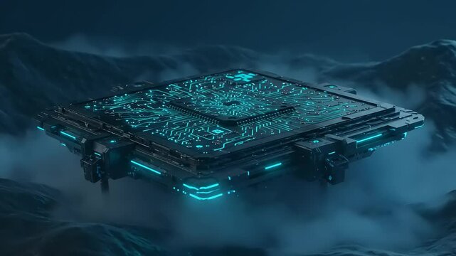 Futuristic hovering circuit board in misty landscape.