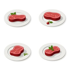 Set of Beef Steak Slice Meal icon Delicious Dinner Grilled Food Gourmet Restaurant Cuisine Eatery Tasty Ingredient Cookery Flat Vector Illustration