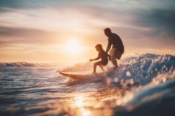 Father Teaching Child to Surf, Family Fun on Small Waves - AI Generated