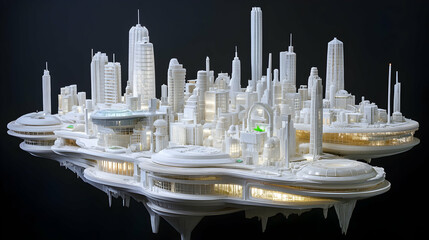 Futuristic Floating City Model with Sleek Architecture and Lights