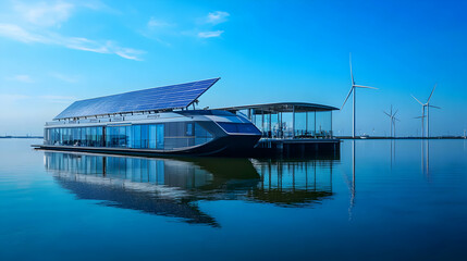 Modern Floating House with Solar Panels and Wind Turbines on Water