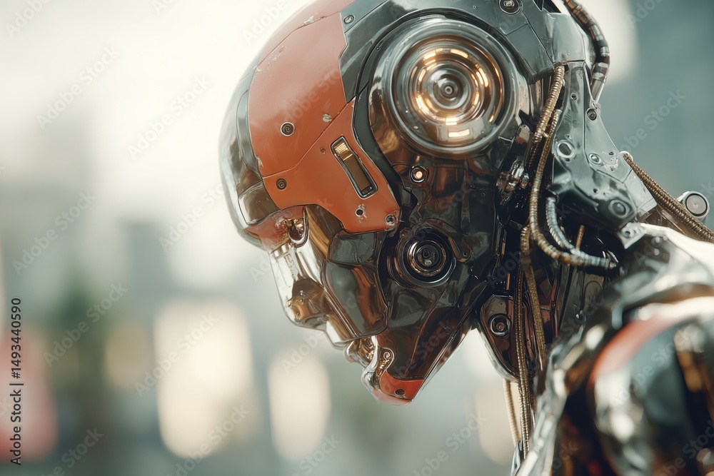 Poster close-up of a futuristic android robot head with detailed mechanical design and textures, showcasing