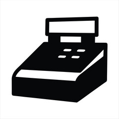 Black and white illustration of a vintage cash register machine icon