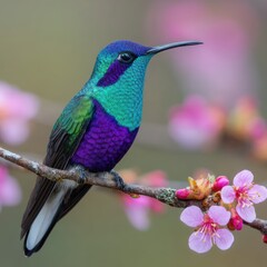 Naklejka premium Violet-crowned Woodnymph hummingbird perched on branch with pink blossoms close up nature photography