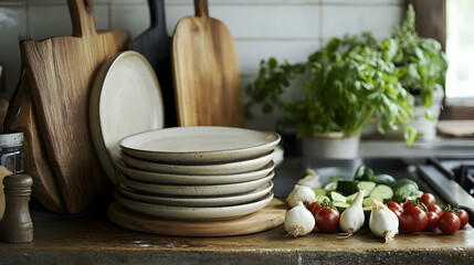 Fresh Ingredients and Tableware Arrangement in Modern Kitchen Setting
