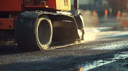 Close-up of Road Construction Equipment in Action, Asphalt Paving