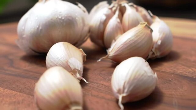 Fresh Garlic Cloves On Rustic Wooden Board Close Up View