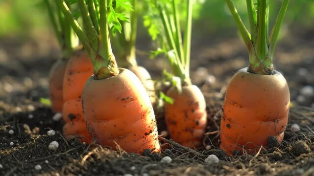 Vibrant Carrots Growing Healthy In Rich Soil On Warm Sunny Day