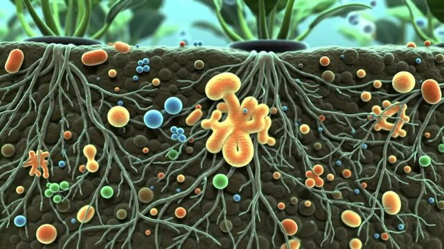 Plants Roots Growth In Soil With Bacteria And Mycorrhizae Fungi
