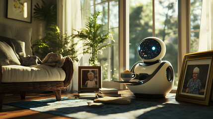 Modern Robot Servant in Cozy Living Room with Natural Light