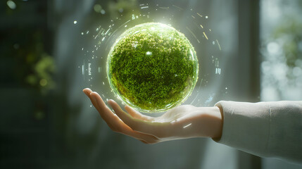 Hand Holding a Glowing Green Sphere Representing Eco-Friendly Nature