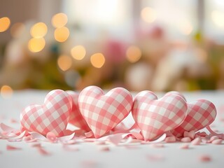Fototapeta premium A romantic background features a soft-focus arrangement of pastel gingham hearts, creating a sweet and tender atmosphere.