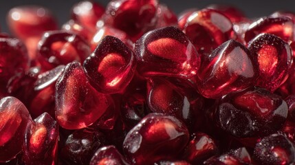 Pomegranate arils spill out in vibrant clusters under soft lighting