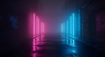 Dark futuristic alley with neon pink and blue lights