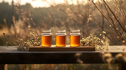 Three Jars of Golden Honey on Wooden Tray in Natural Setting