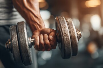 Close up of a muscular man's arm lifting a heavy dumbbell, focusing on the veins and muscle definition, training in a gym setting with blurred background.