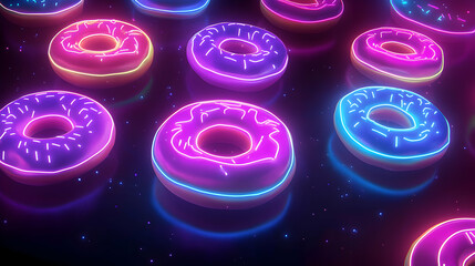 Colorful Neon Donuts in a Futuristic Glow Under Starry Background