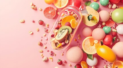 Obraz premium Vibrant display of assorted sliced fruits and candies on a pink background.