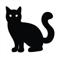 Obraz premium Simple Cartoon Black Cat Silhouette with Curled Tail and White Eyes