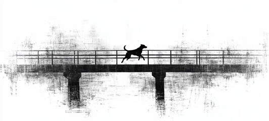 A black-and-white drawing of a bridge with a dog running across it
