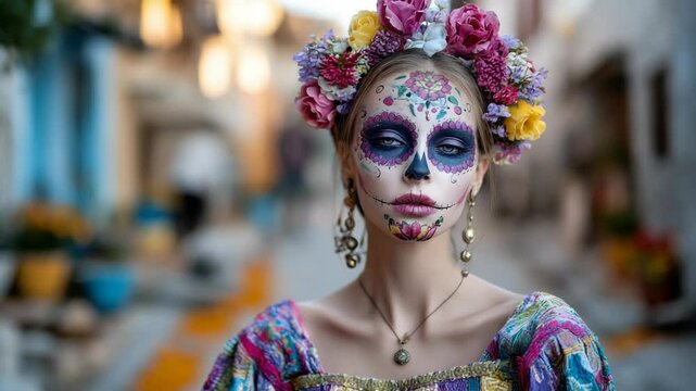 solemn d&iacute;a de muerto woman with skull makeup and traditional attire
