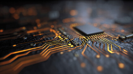 Close-up of a microchip with glowing circuit lines on textured surface, symbolizing advanced technology, digital innovation, and futuristic computing concepts.
