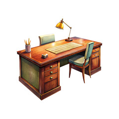 Illustration of an antique wooden desk and two chairs with lamp
