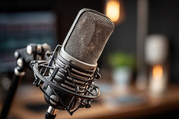 Close-up studio microphone on a desk with blurred background elements, shining with professionalism, and excellent audio quality, making it ideal for recording voiceovers